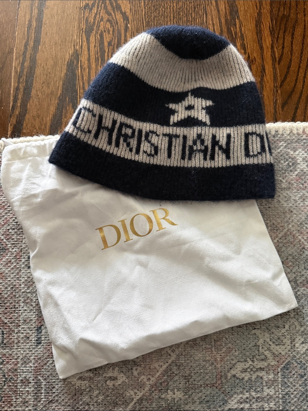Dior Striped Logo Beanie in Navy and White